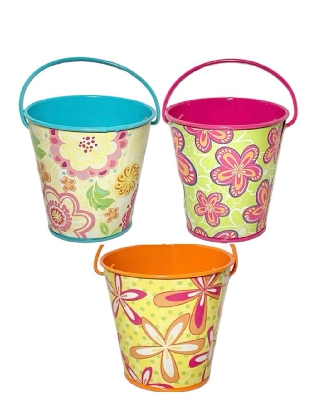 3 Small Spring Floral Tin Pail Bucket, [Blue, Pink & Orange]
